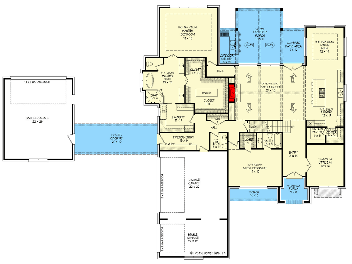 Plan 680181VR: 5000 Square Foot Transitional House Plan with 5-Car Garage and Guest Bedroom - Floor Plan - Main Level - European, French Country, Transitional