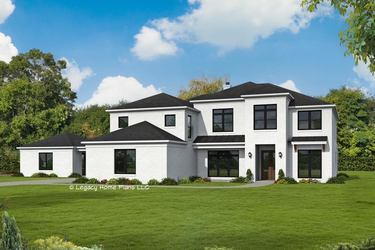 House plan exterior. Two-story, Modern style house with multiple rooflines, black-framed windows, and covered porch area.