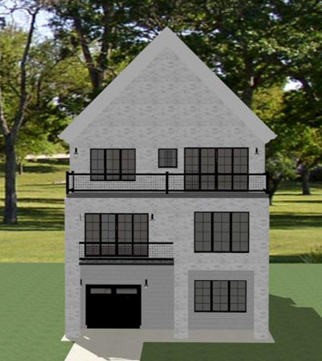 Modern house plan exterior, three stories, white brick, prominent gable roof, multiple balconies, and attached garage.