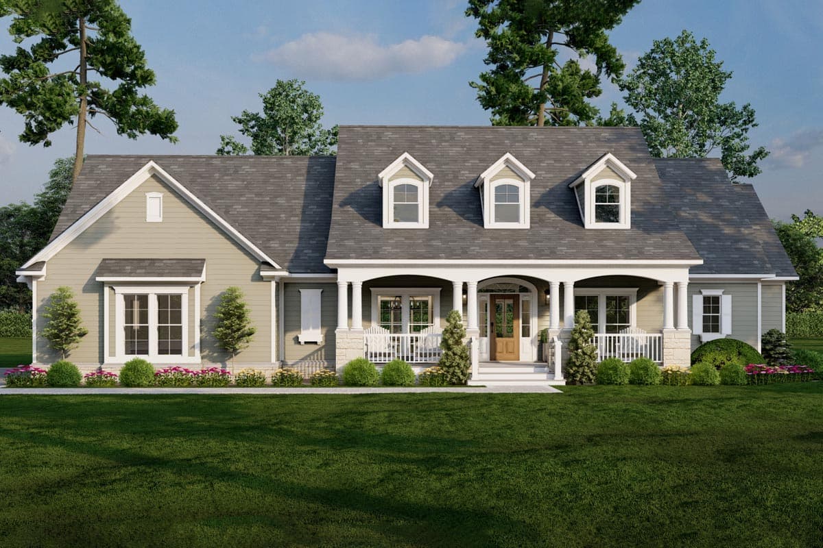 House plan exterior. Ranch style with a front porch, three dormers, and a gable roof. One story home with light siding and white trim.