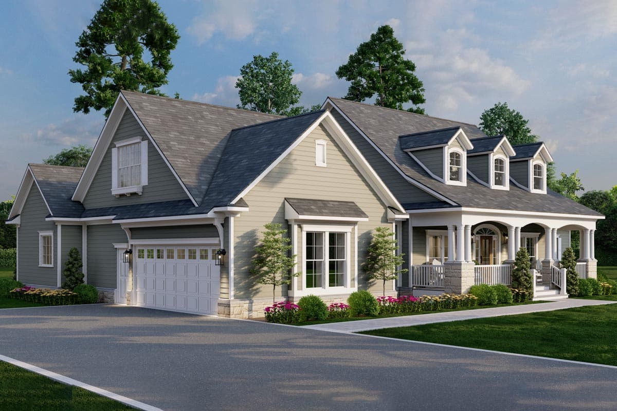 House plan exterior: two-story home with a covered front porch, dormers, and a side-entry garage.