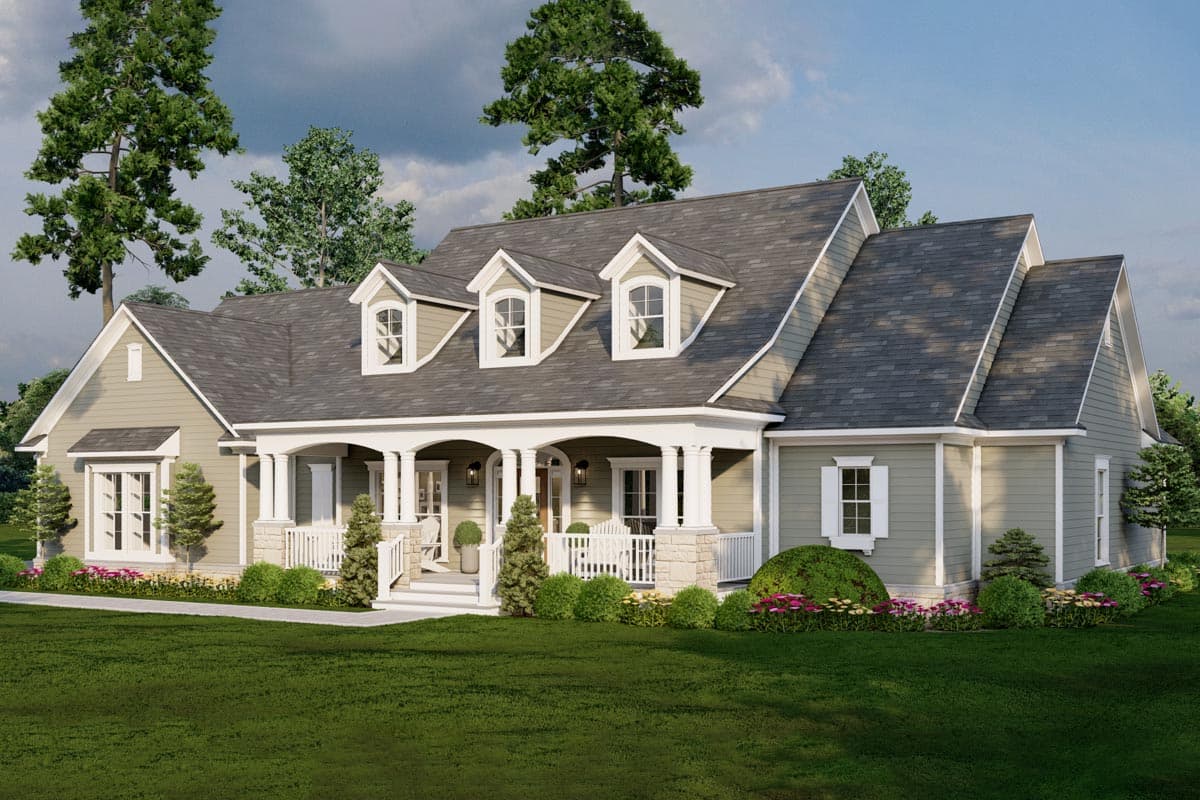 House plan exterior: Craftsman style, two stories, wraparound porch with columns, dormer windows, and gable accents.