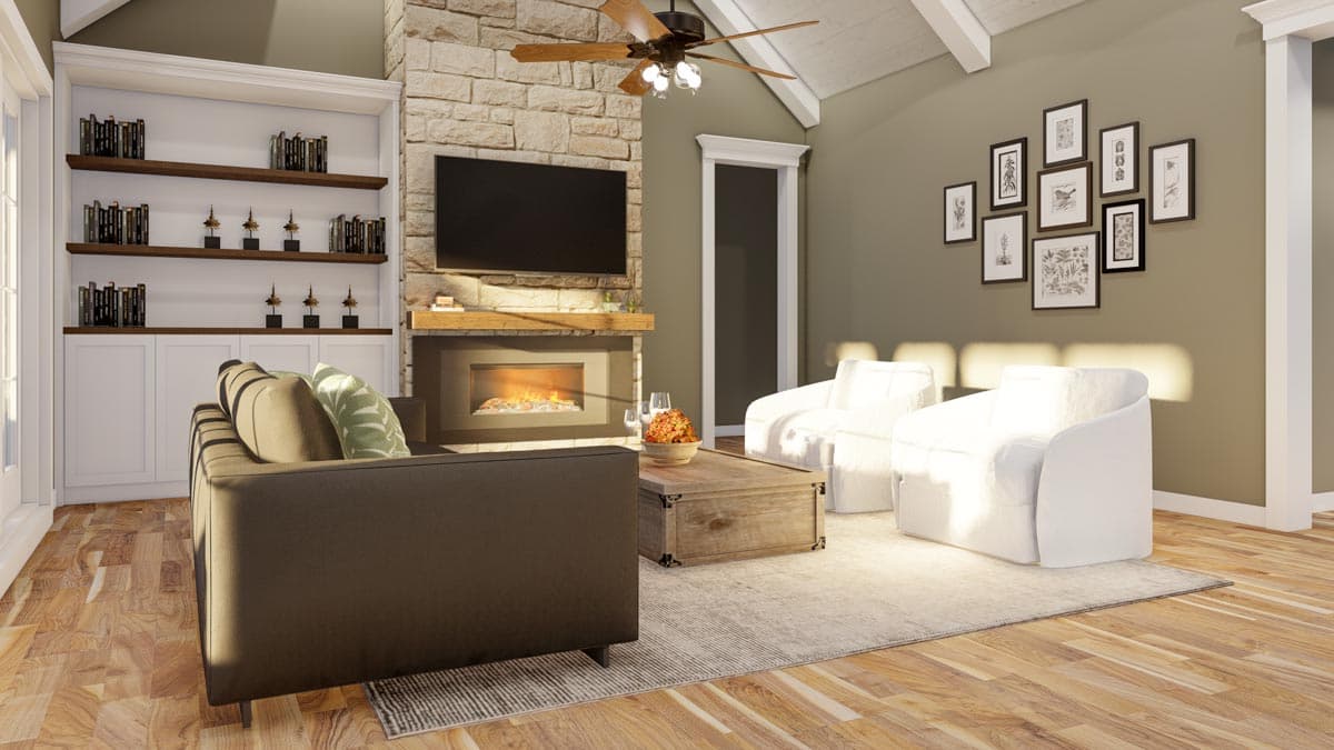 Living room rendering with stone fireplace, built-in bookshelves, vaulted ceiling, and seating.