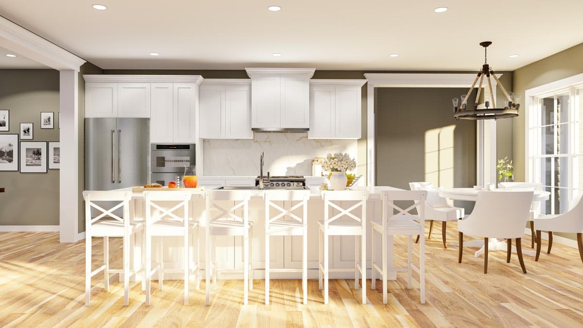 Interior rendering of a white kitchen featuring a large island with bar stools, stainless steel appliances, and a dining area.