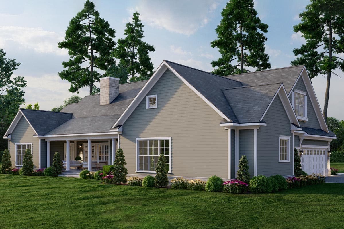 House plan exterior: Ranch style with covered front porch, stone chimney, gables, and attached garage.