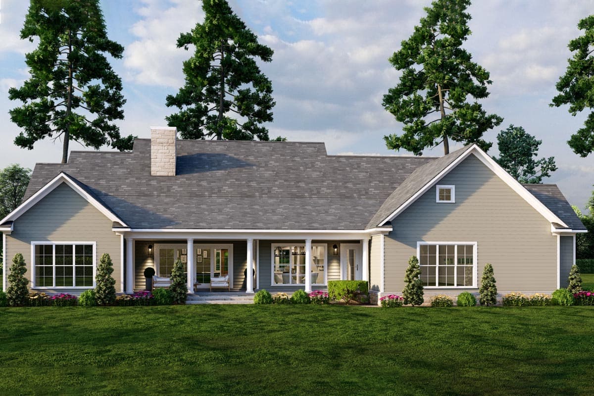 House plan exterior: Ranch style, single-story with gabled roof, covered porch, and stone chimney.