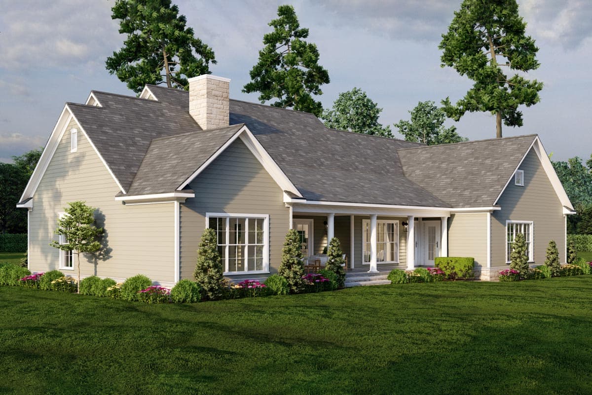 House plan exterior: Ranch style with a covered porch, prominent stone chimney, and multiple gables.