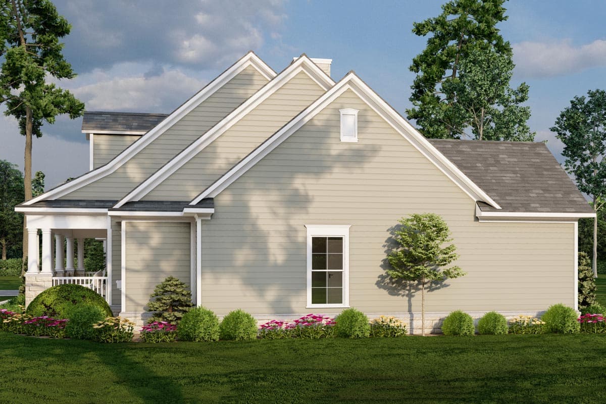 House plan exterior: Light tan siding, multiple gables, white trim, and a covered front porch with columns.