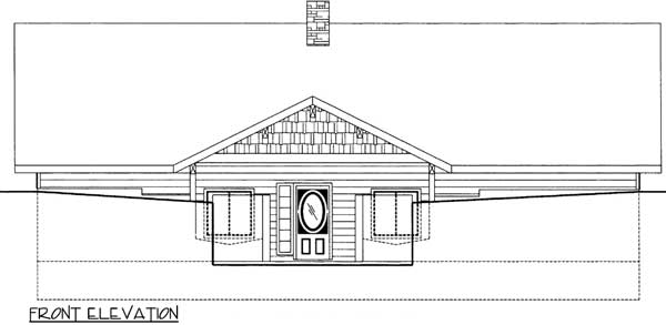Front elevation drawing of a single-story house with a prominent gable, centered door, and flanking windows.