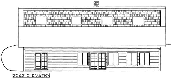 Rear elevation drawing of a house with horizontal siding, french doors, multiple windows, and dormer windows on the upper level.