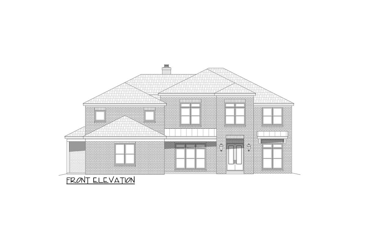 Front elevation drawing of a two-story brick house with a hip roof, projecting gables, and attached garage.