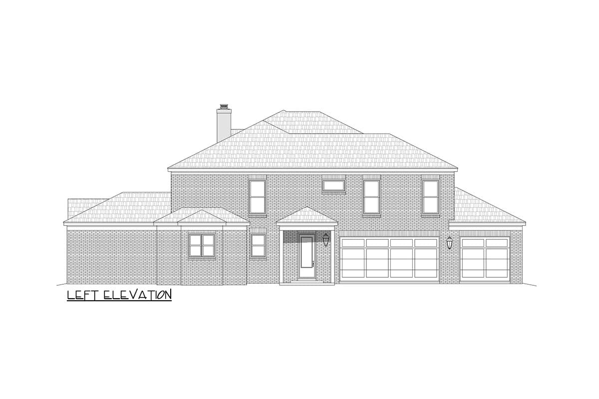 Left elevation drawing of a two-story brick house with a gable roof, covered entryway, and a three-car garage.