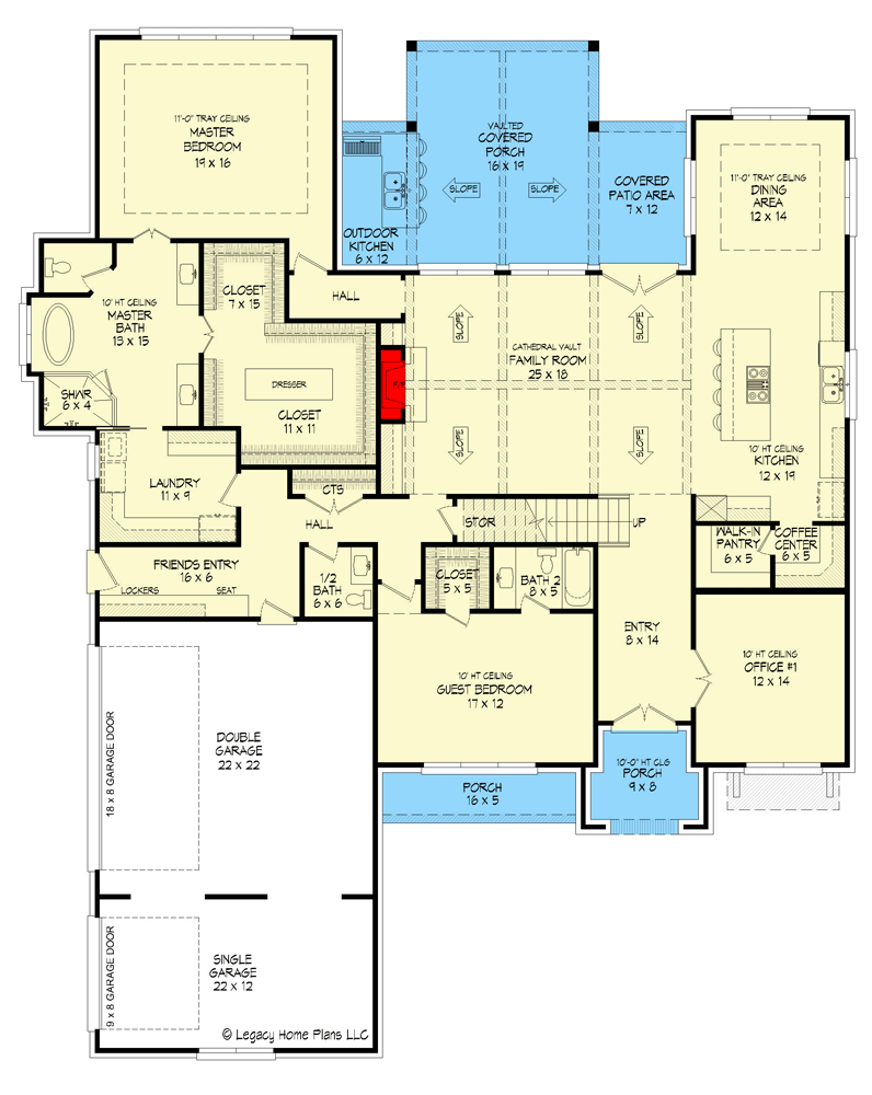 Plan 680182VR: 5-Bed House Plan with Two Home Offices and an Upstairs Rec Room - Floor Plan - Main Level - European, Southern, Transitional