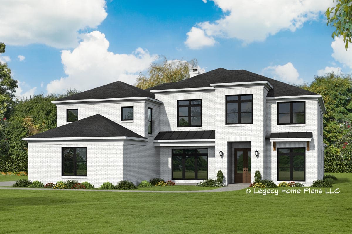 House plan exterior. Two-story modern home with gabled roof, dark-framed windows, and decorative awnings. White brick facade.