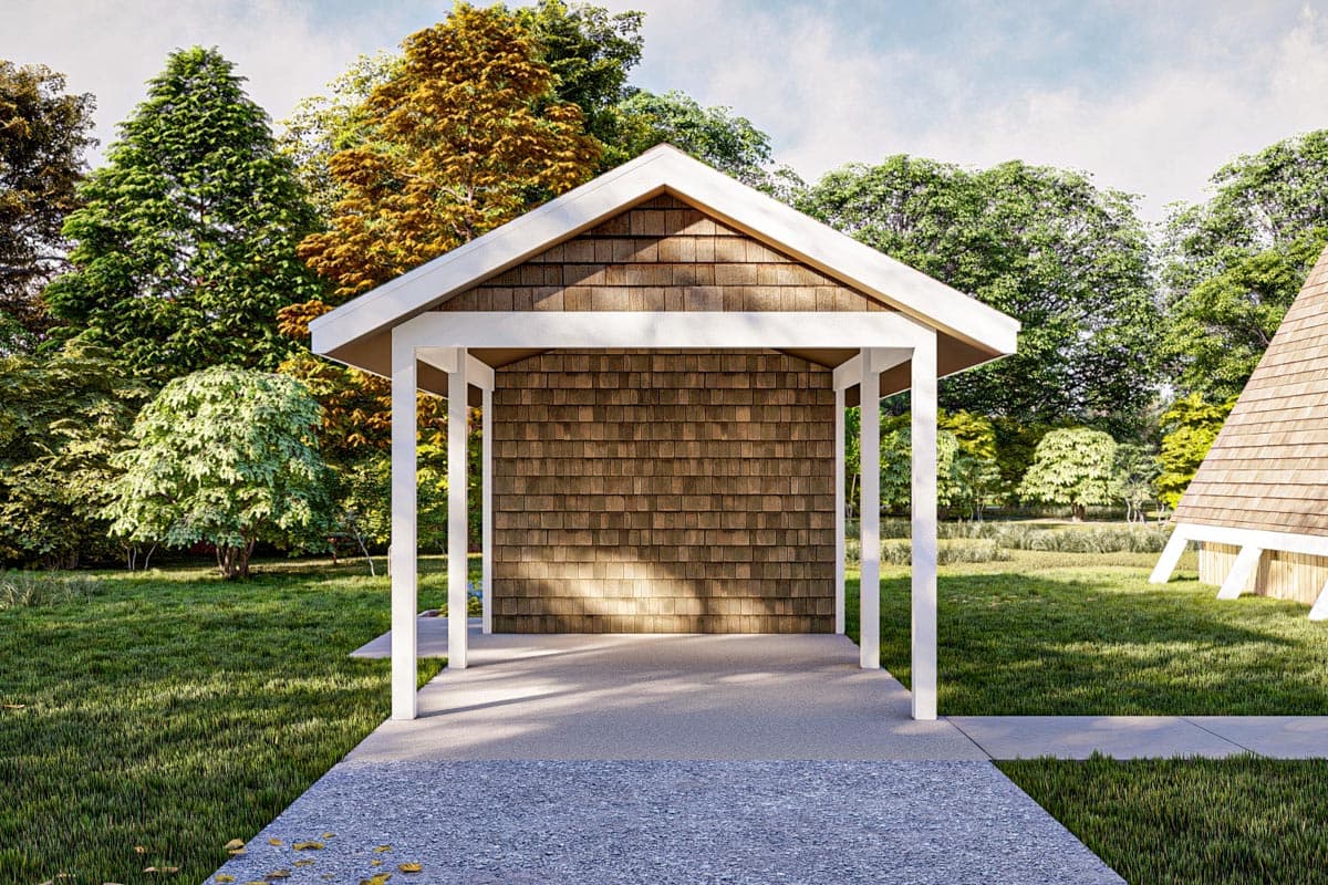 House plan exterior with wooden shake siding, a gable roof, and a covered open porch with white columns.