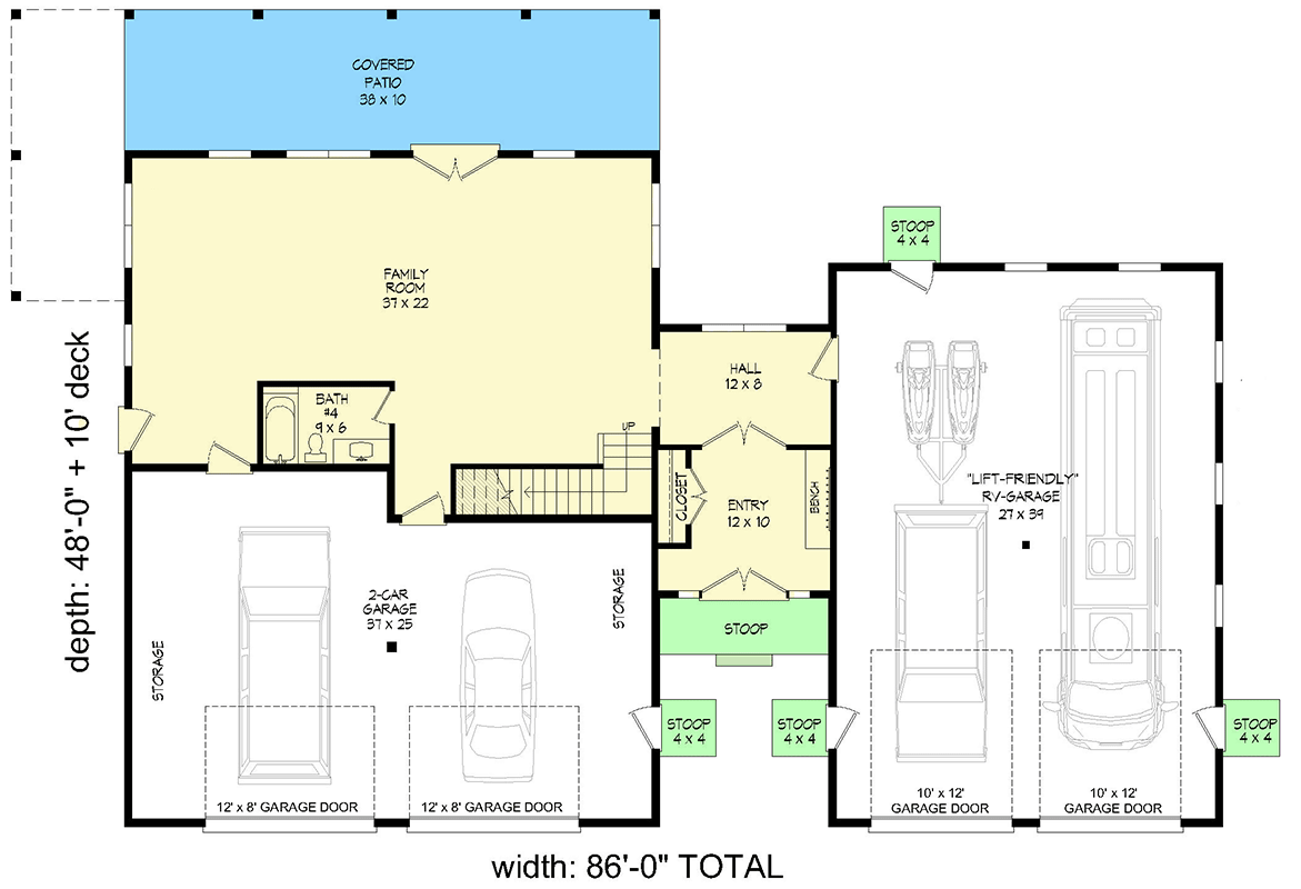 Plan 680183VR: 3-Story Mountain or Lake Home Plan with RV-Friendly Garage - Floor Plan - Main Level - Cabin, Country, Craftsman, Mountain