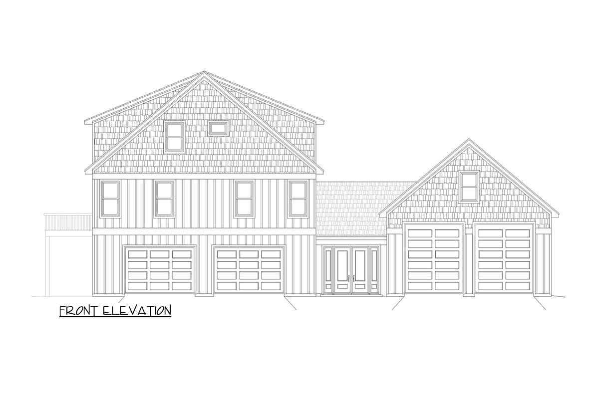 Front elevation house plan featuring shingle siding, multiple gables, and four garage bays.