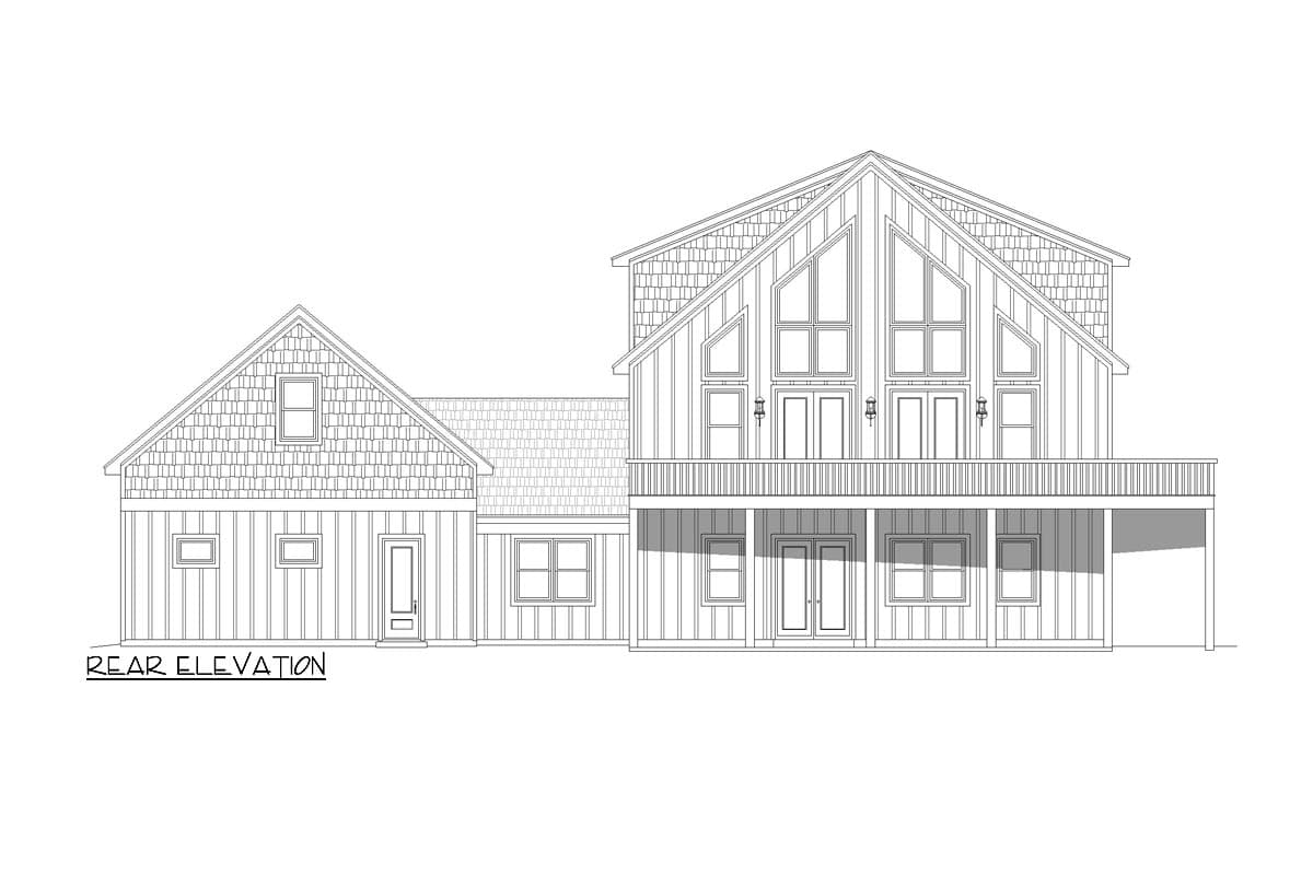 Rear elevation drawing of a two-story house with a prominent gable, large windows, and a deck.