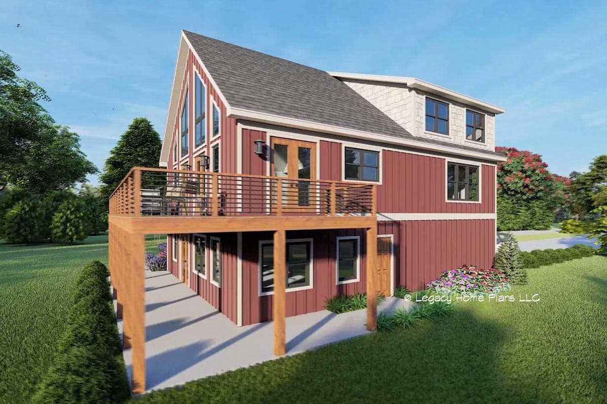 House plan exterior rendering shows a two-story modern house with a steep gable roof, wrap-around deck, and vertical siding.
