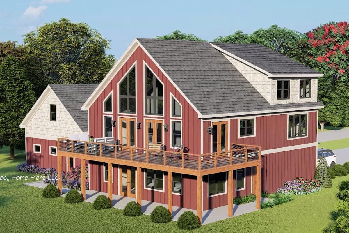 House plan exterior: Two-story red house with gable roof, wraparound deck, and large A-frame windows.