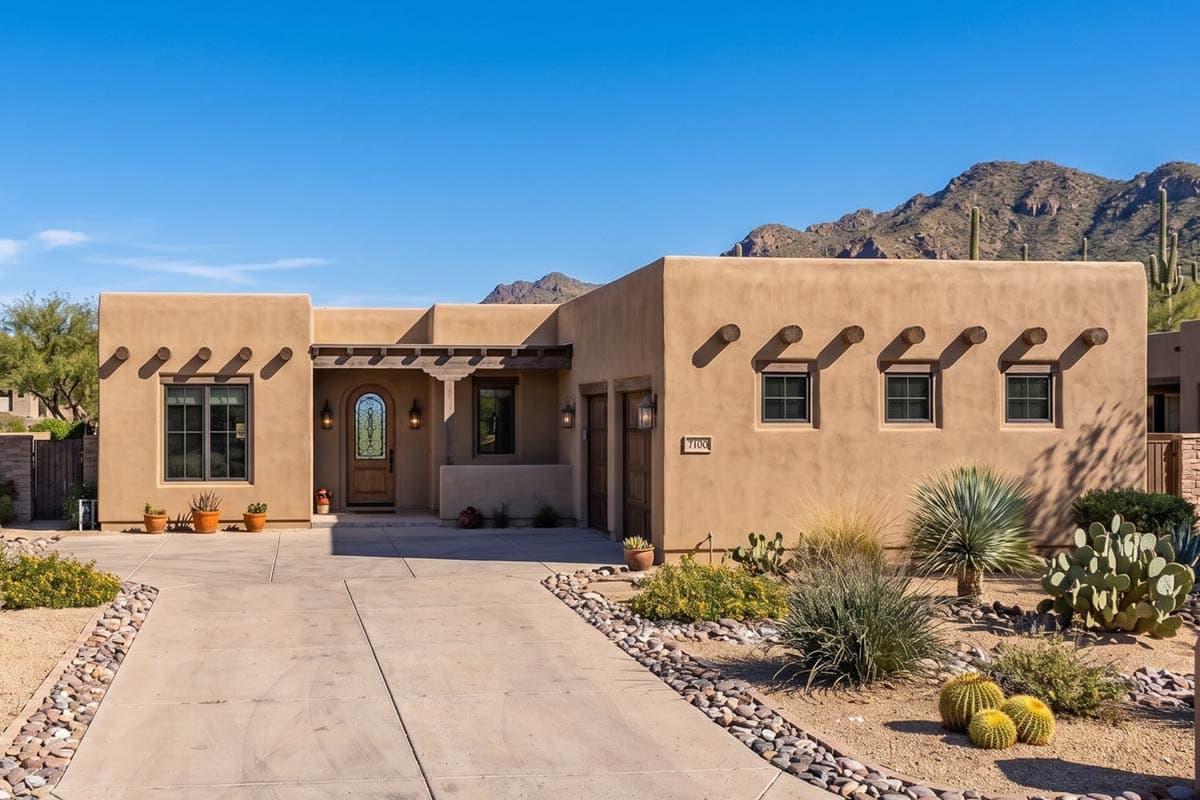 Southwestern style house plan exterior with stucco facade, portal entrance, vigas, and a three-car garage.