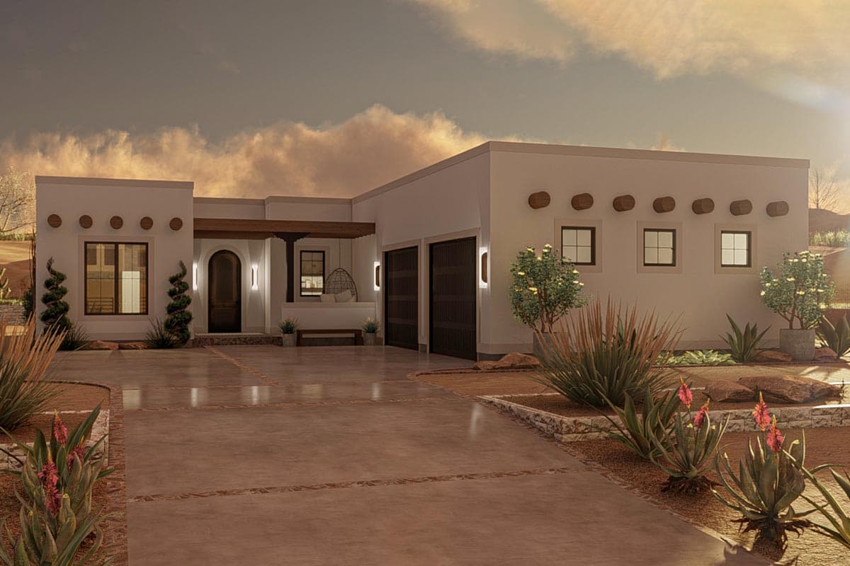 Southwestern style house plan exterior with white stucco walls, arched entry, covered porch, and double garage.