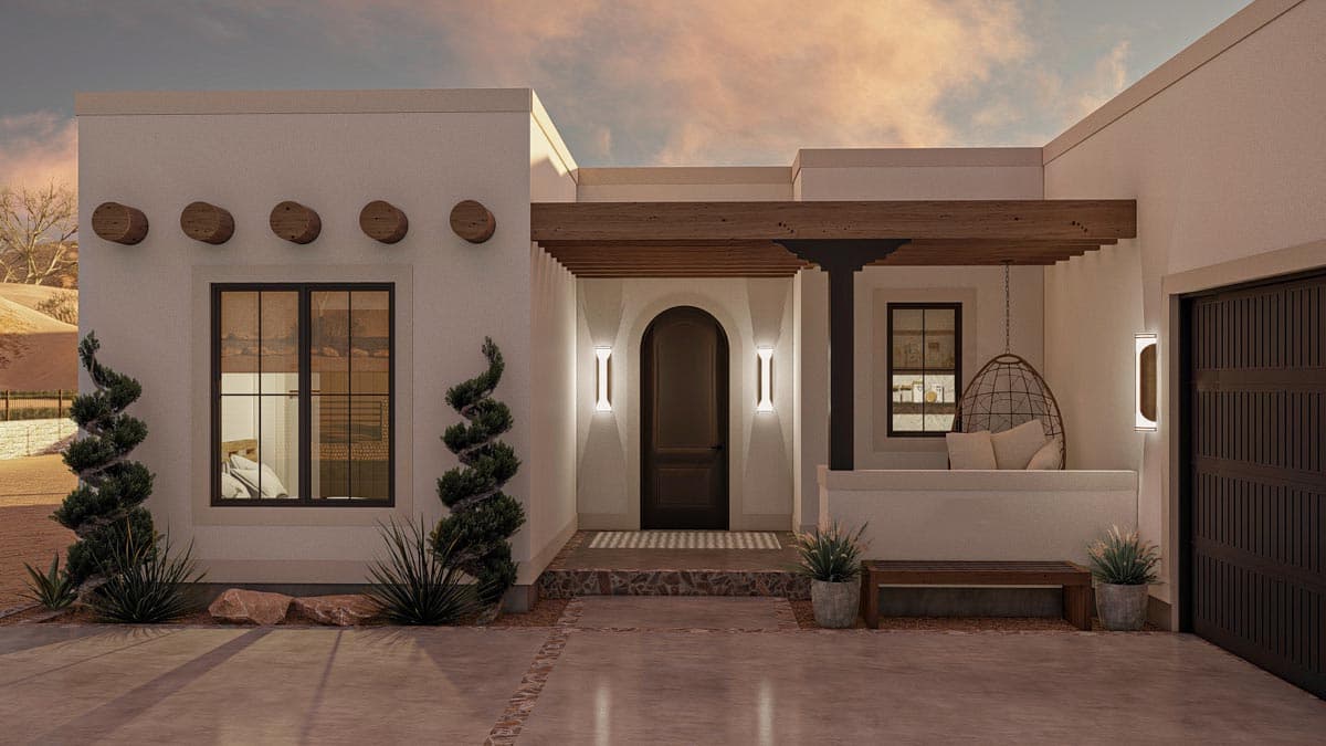 Southwestern style house exterior with stucco walls, wooden beams, arched entryway, and a single-car garage.