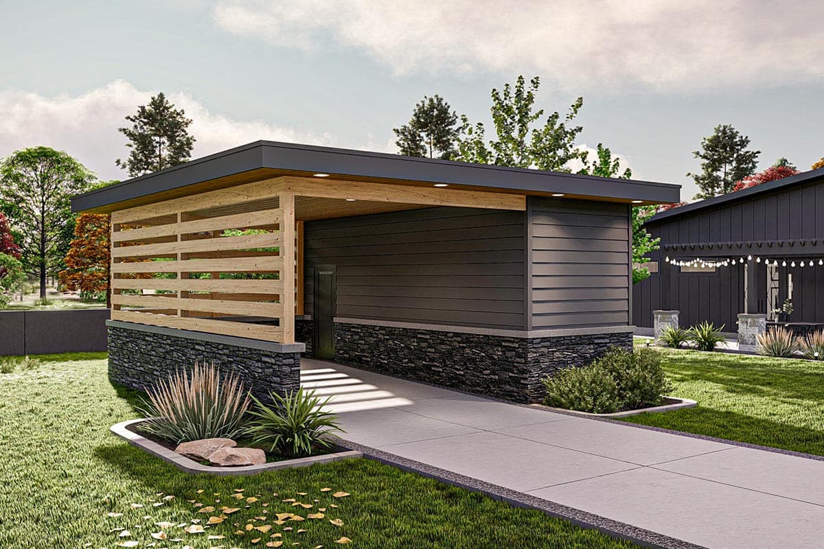 Modern house plan exterior with a flat roof, wood slat screen, and stone foundation.