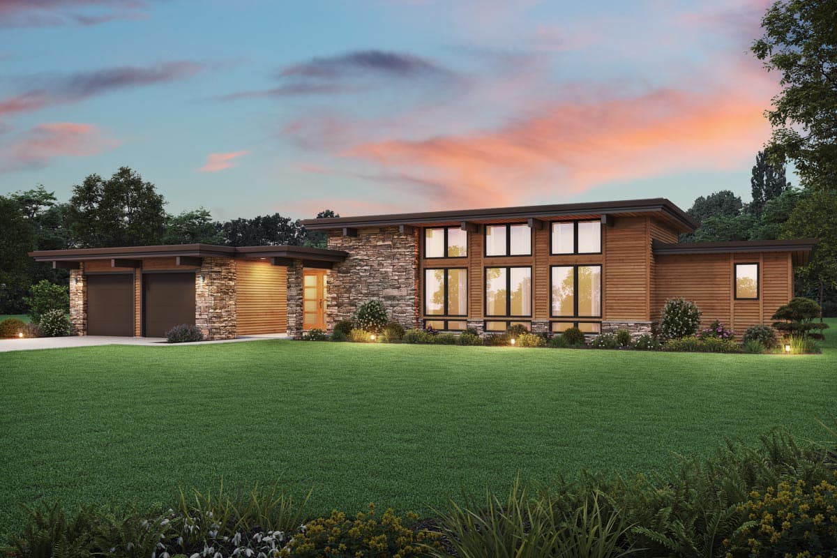 Modern house plan exterior with stone facade, wood siding, flat roof, and a three-car garage.