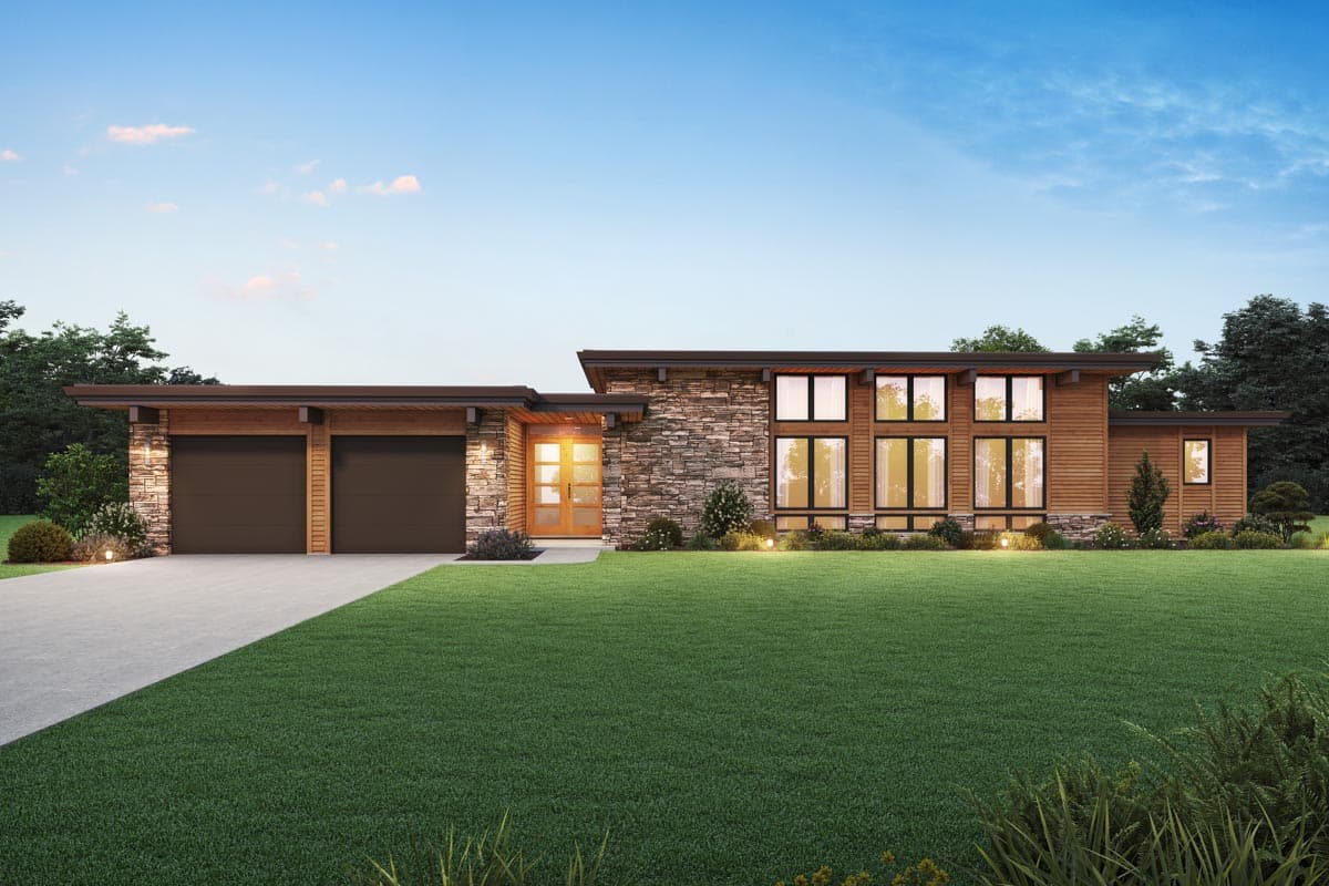 House plan exterior. Modern style, single story. Features include flat roof, stone and wood siding, and large windows.