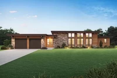 Mid-Century Modern Home Plan with Floor-To-Ceiling Windows - 2432 Sq Ft