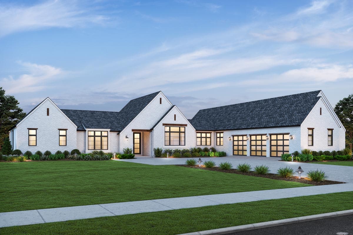 House plan exterior. Modern Farmhouse style with a single story, multiple gables, and a three-car garage. Features brick facade and dark roof.