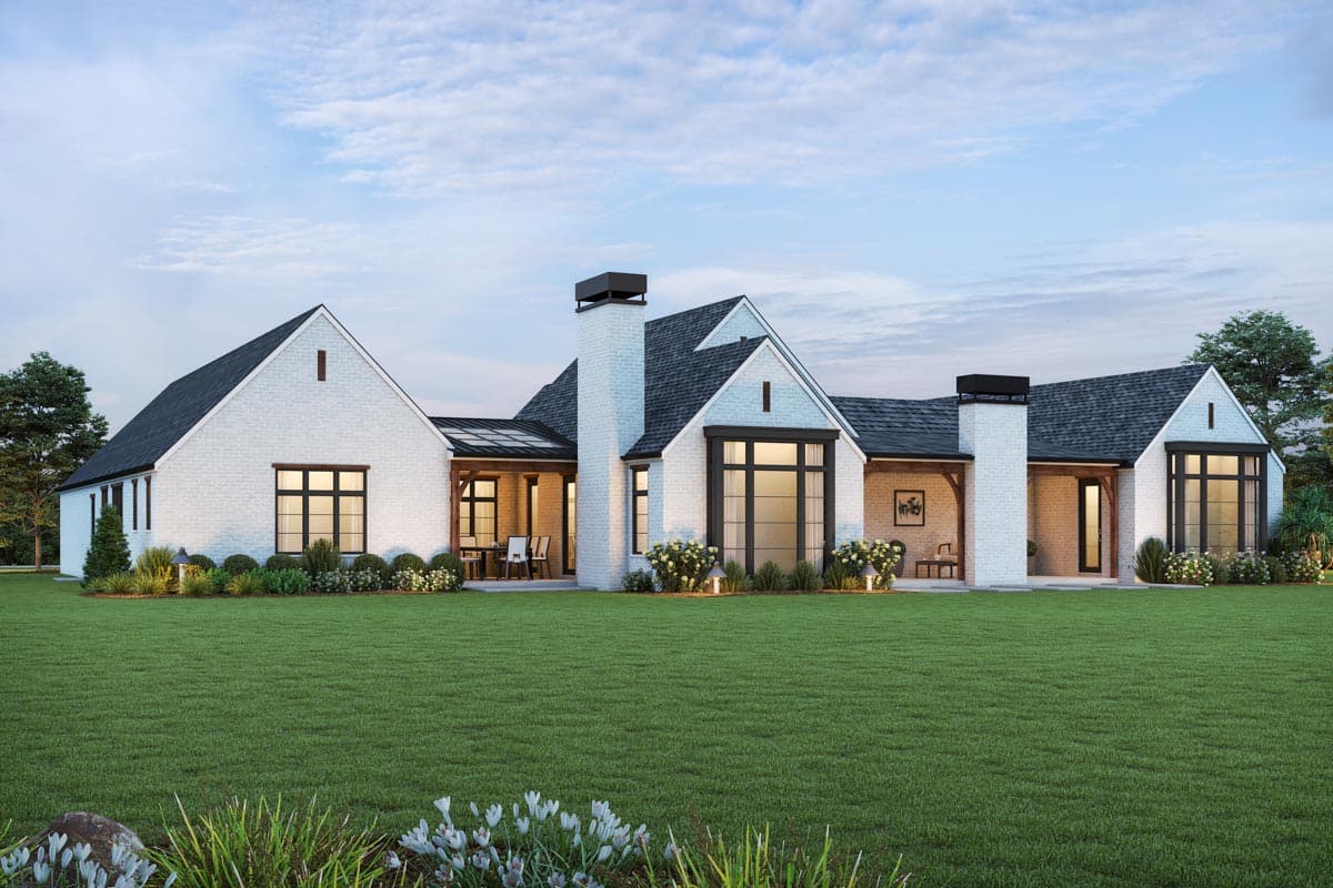 House plan exterior: Modern Farmhouse style, single-story, white brick, dark trim windows, prominent gables, and brick chimneys.