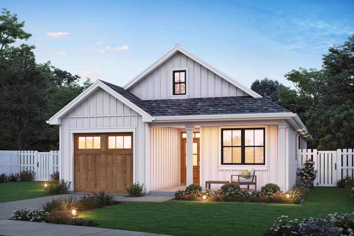 House plan exterior. One-story farmhouse with a gable roof, covered porch, and attached garage. Includes a board-and-batten facade.