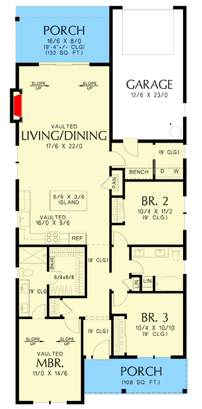 Plan 69810AM: 1481 Square 3 Bed New American Cottage with 1-Car Rear-Facing Garage - Floor Plan - Main Level - Cottage, Country, Modern Farmhouse