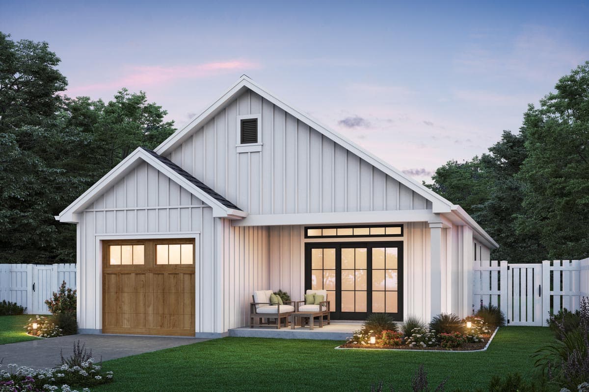 Modern Farmhouse house plan exterior with a gable roof, board and batten siding, one-car garage, and glass-paned double doors.
