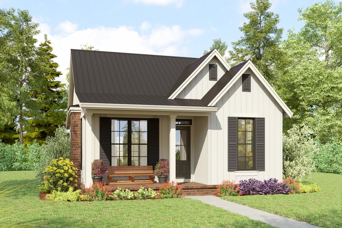 House plan exterior: Farmhouse style with a gable roof, covered porch, and board-and-batten siding. Features a brick chimney and decorative shutters.
