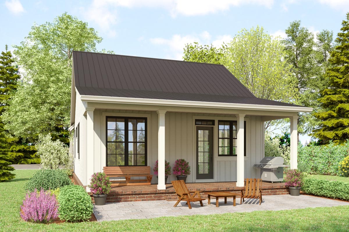 House plan exterior of a one-story Modern Farmhouse with a dark metal roof, front porch with white columns, and board-and-batten siding.