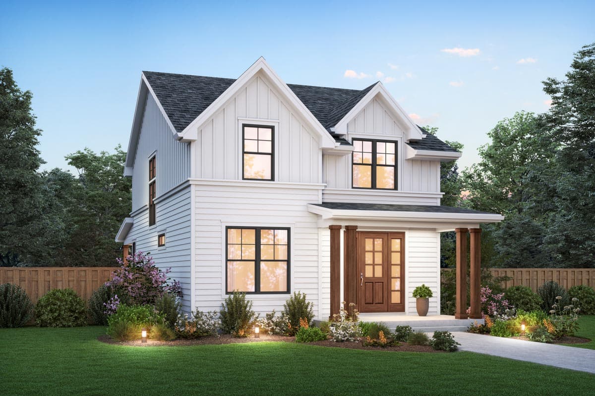 House plan exterior. Two-story Modern Farmhouse with gables, a covered porch, and a wood-paneled front door.