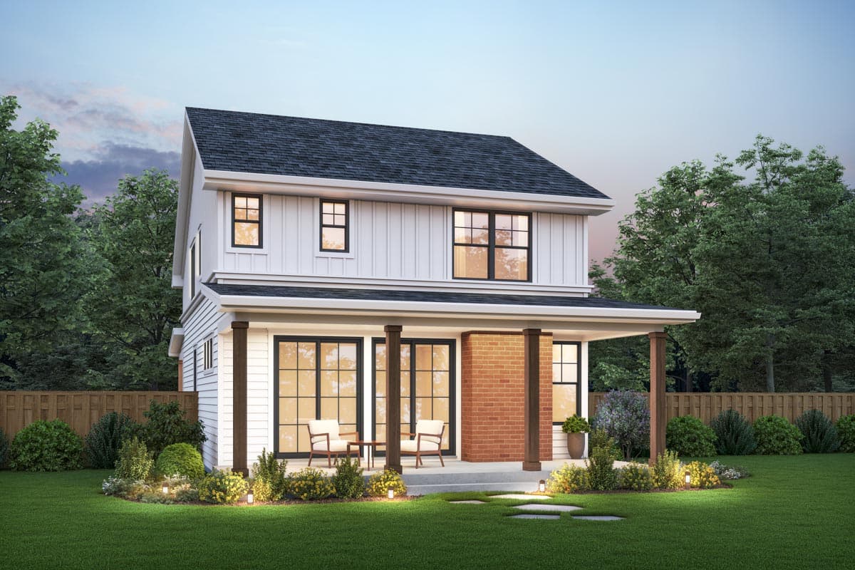 Modern Farmhouse house plan exterior, two stories, with a covered porch, board-and-batten siding, and gabled dormers.