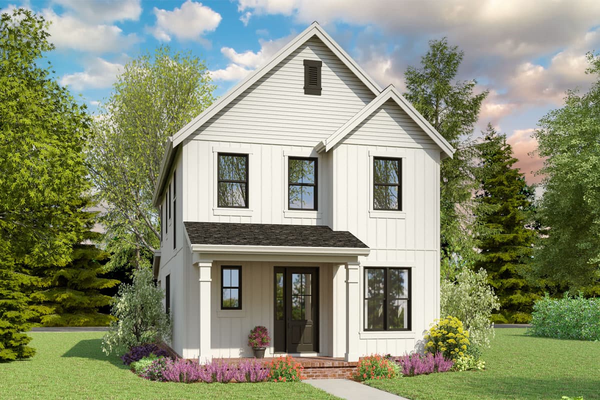 Two-story Modern Farmhouse house plan exterior with a gabled roof, a covered porch, and board and batten siding.