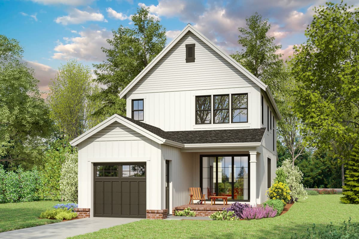 House plan exterior: Modern Farmhouse style, two stories, white board-and-batten siding, gabled roof, prominent gable vent, and attached garage.