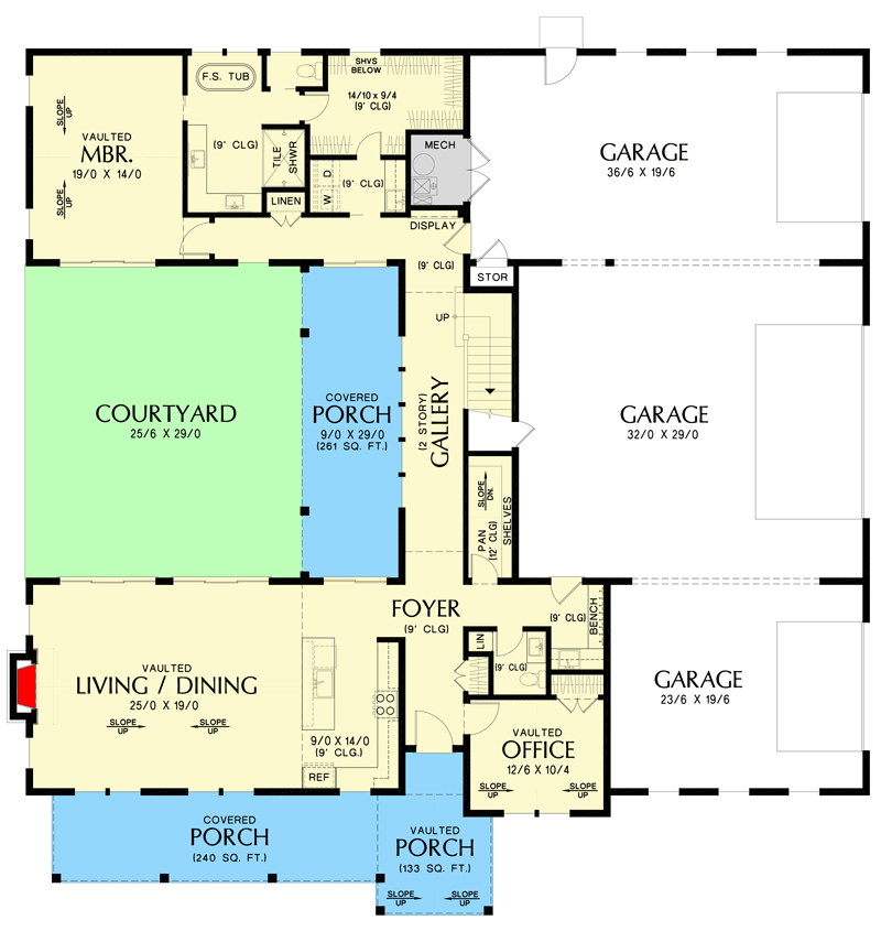 Plan 69816AM: 3 Bed Farmhouse Barndominium-Style House Plan with Gambrel Roof and Courtyard - Floor Plan - Main Level - Barndominium, Country, Farmhouse, Modern Farmhouse, Rustic