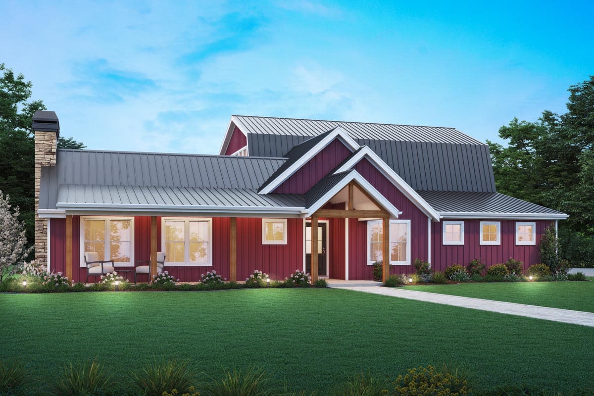 House plan exterior with board and batten siding, metal roof, covered porch, and gabled roofline. The house is one story.