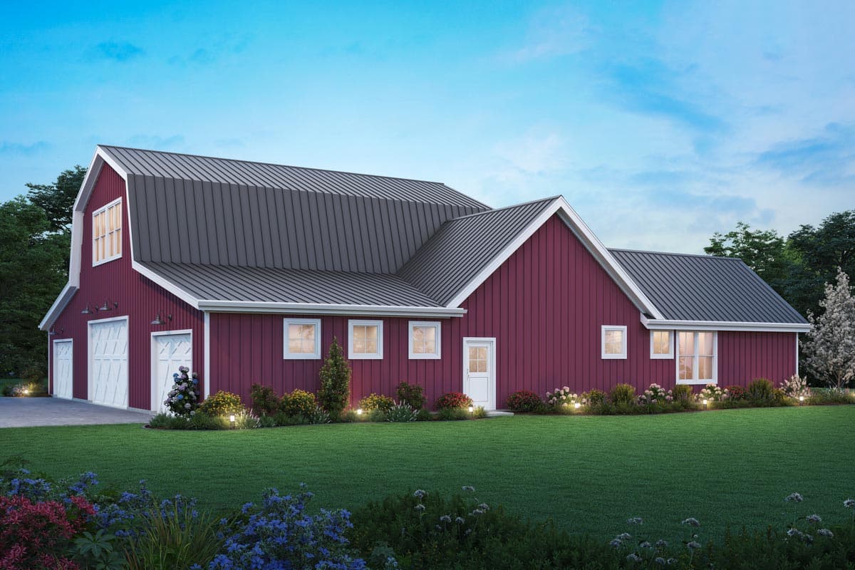 Barn style house plan exterior with gambrel roof, three garage doors, and vertical siding.