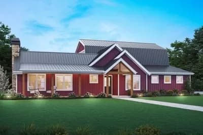 3 Bed Farmhouse Barndominium-Style House Plan with Gambrel Roof and Courtyard