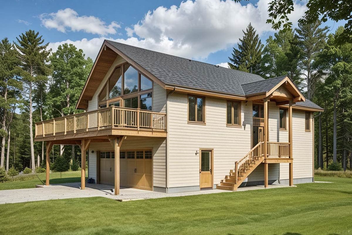 House plan exterior showing a two-story home with a prominent gable end, large deck, and a two-car garage.