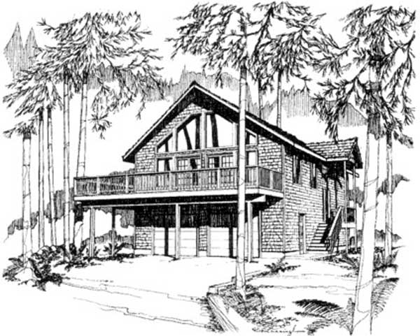 House plan exterior of a two-story home with a wraparound deck, prominent gables, and a two-car garage.
