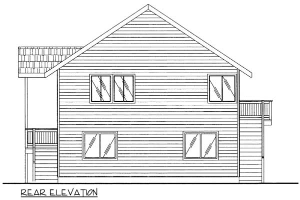 Rear elevation drawing of a two-story house with a gabled roof, multiple windows, a porch, and exterior stairs to a deck.
