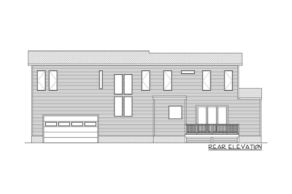 Line drawing of the rear elevation of a modern two-story house, featuring a garage, multiple windows, and a small balcony with a railing.
